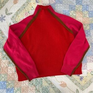 vibrant unique red pink and tan french connection knit turtleneck sweater